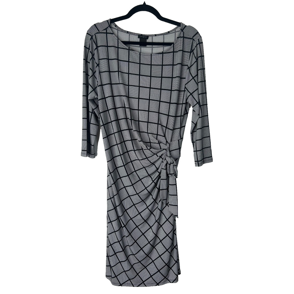 Ann Taylor Faux Wrap Jersey Knit Sheath Dress Size L Black White Windowpane Grid